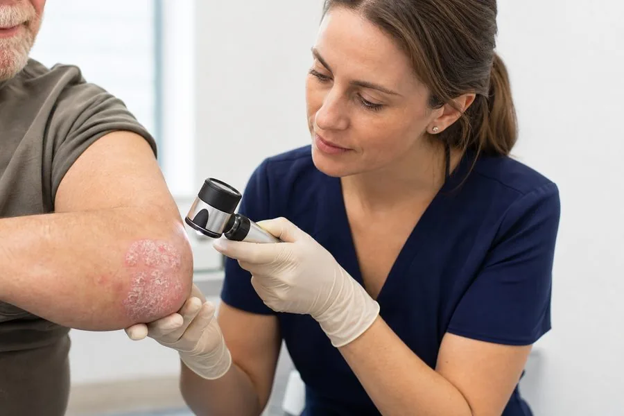 Psoriasis examination by a consultant